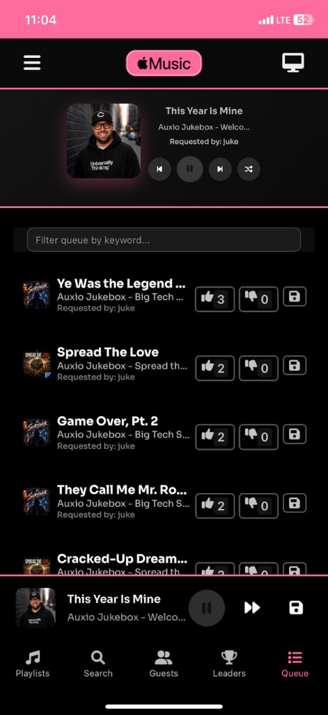 Apple Music queue on iPhone with voting controls