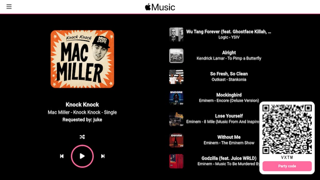 Apple Music jukebox on TV with now playing, queue, and party QR code