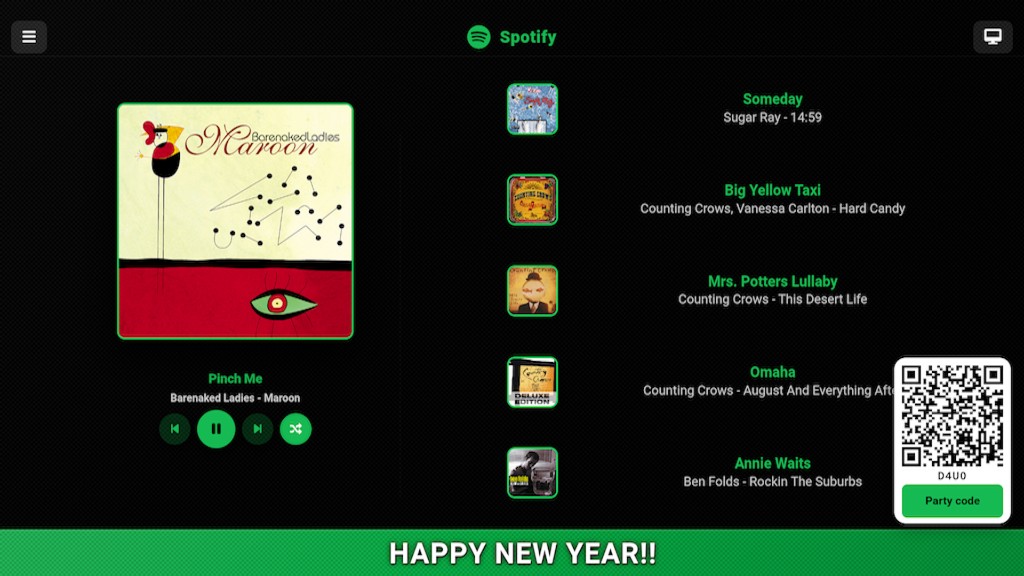 Spotify jukebox on TV with now playing, queue, and party QR code